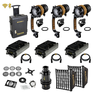 "THE GAFFER'S KIT" - dedolight NEO - WIRELESS, Bi-color 3x DLED7N-BI light kit with DTneo+ control ballasts and essential accessories - Aftermarket ProCali GOLD MOUNT & D-TAP modification