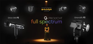 Beauty collage of dedolight optics and the prolycht orion 675fs and 300fs light head fixtures