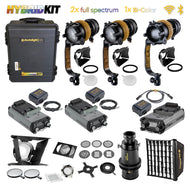 The NEO HYBRID Kit 2 - WIRELESS, 2x Multi-color DLED7N-C and 1x Bi-color DLED7N-Bi dedolight focusing lights with essential accessories