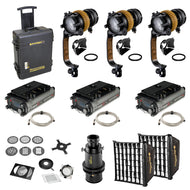 "THE GAFFER'S KIT" - WIRELESS, Multi-color, 3x light kit of DLED7N-C dedolight NEO focusing lights with essential accessories - Aftermarket ProCali GOLD MOUNT & D-TAP modification